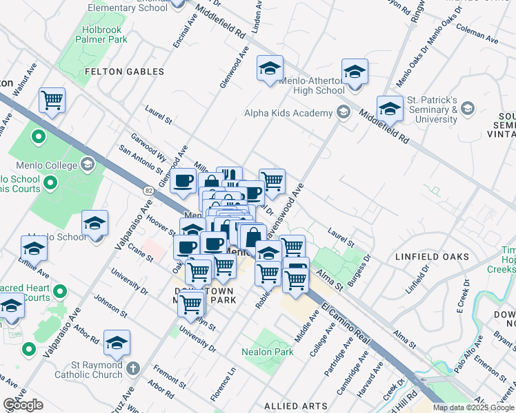 map of restaurants, bars, coffee shops, grocery stores, and more near 1031 Noel Drive in Menlo Park