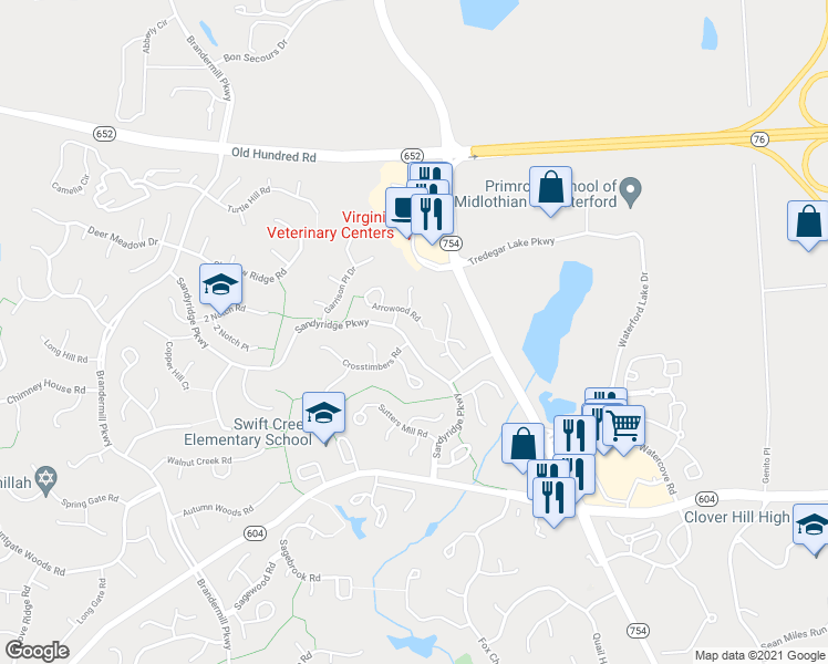 map of restaurants, bars, coffee shops, grocery stores, and more near 2408 Arrowood Road in Midlothian