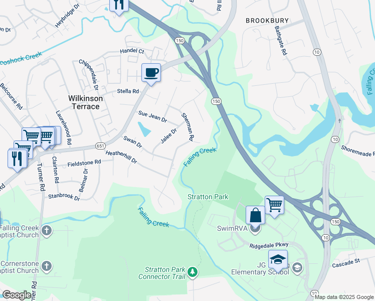 map of restaurants, bars, coffee shops, grocery stores, and more near 4415 Sherman Road in Richmond