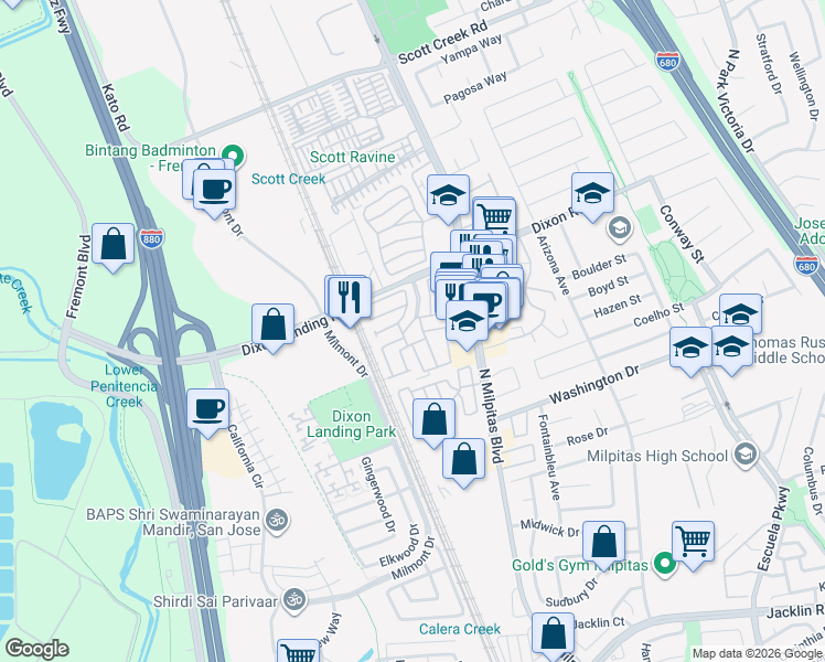 map of restaurants, bars, coffee shops, grocery stores, and more near 120 Dixon Landing Road in Milpitas