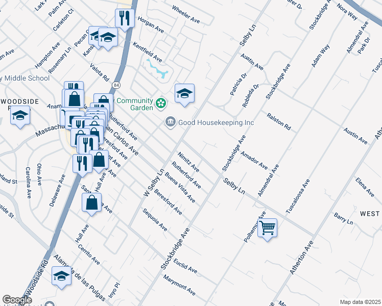 map of restaurants, bars, coffee shops, grocery stores, and more near 226 Selby Lane in Atherton