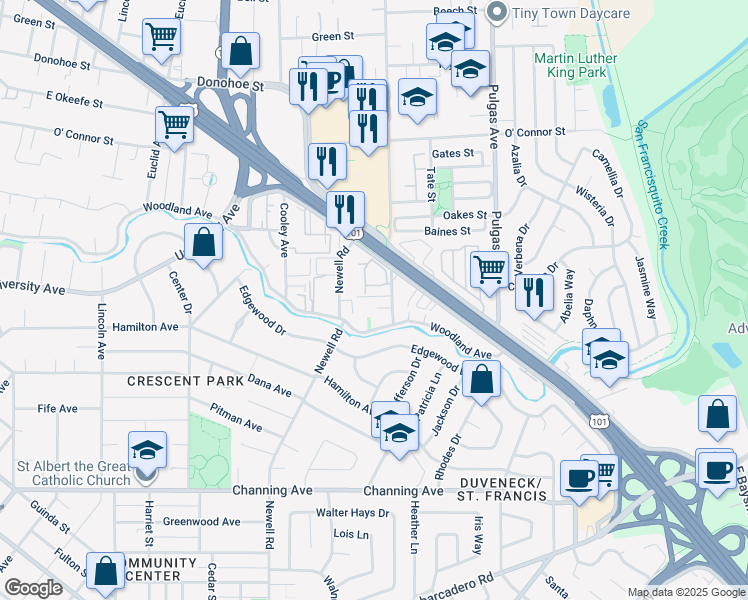 map of restaurants, bars, coffee shops, grocery stores, and more near 1851 Clarke Avenue in East Palo Alto