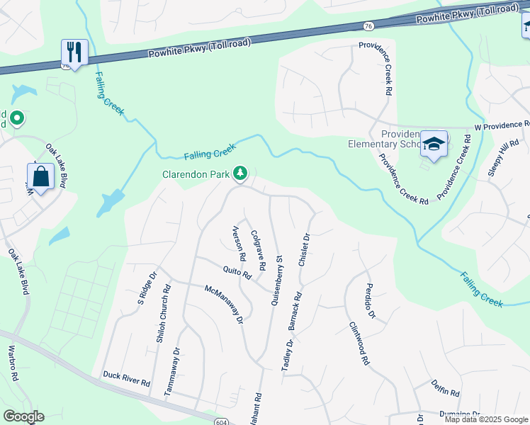 map of restaurants, bars, coffee shops, grocery stores, and more near 2618 Quisenberry Street in Midlothian