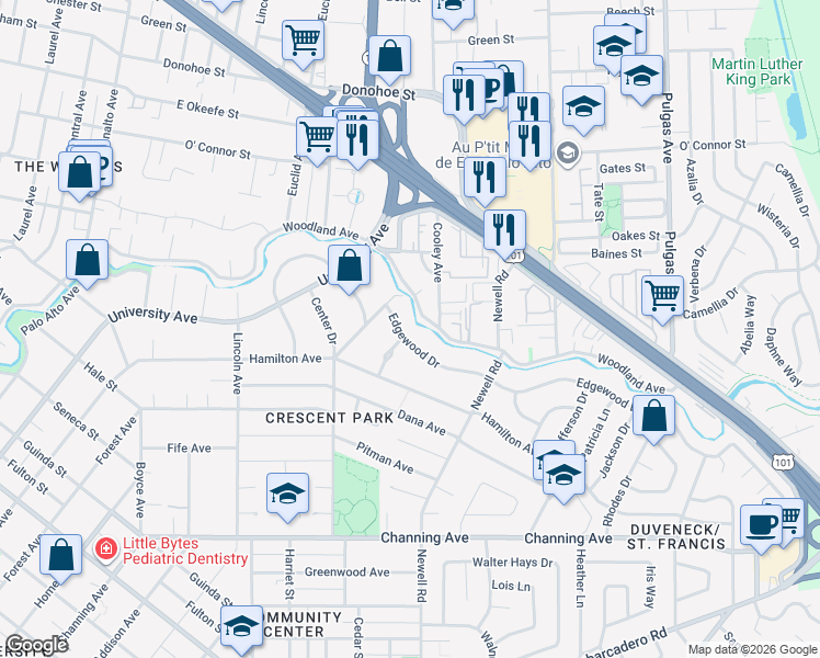 map of restaurants, bars, coffee shops, grocery stores, and more near 1425 Edgewood Drive in Palo Alto