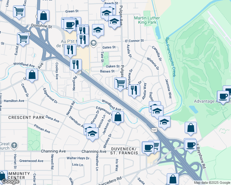 map of restaurants, bars, coffee shops, grocery stores, and more near 1885 East Bayshore Road in East Palo Alto