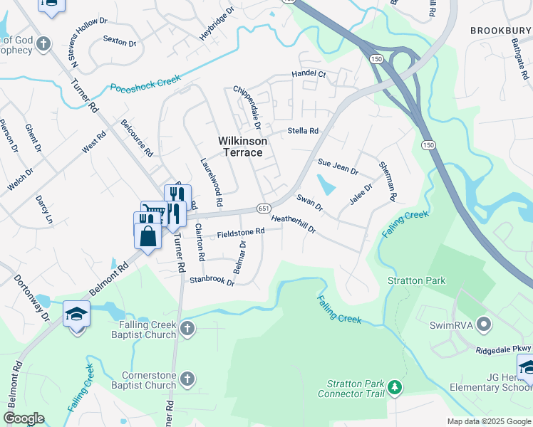 map of restaurants, bars, coffee shops, grocery stores, and more near 5807 Belmont Road North in Richmond