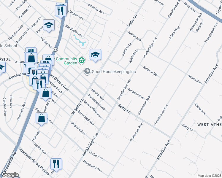map of restaurants, bars, coffee shops, grocery stores, and more near 269 Selby Lane in Atherton