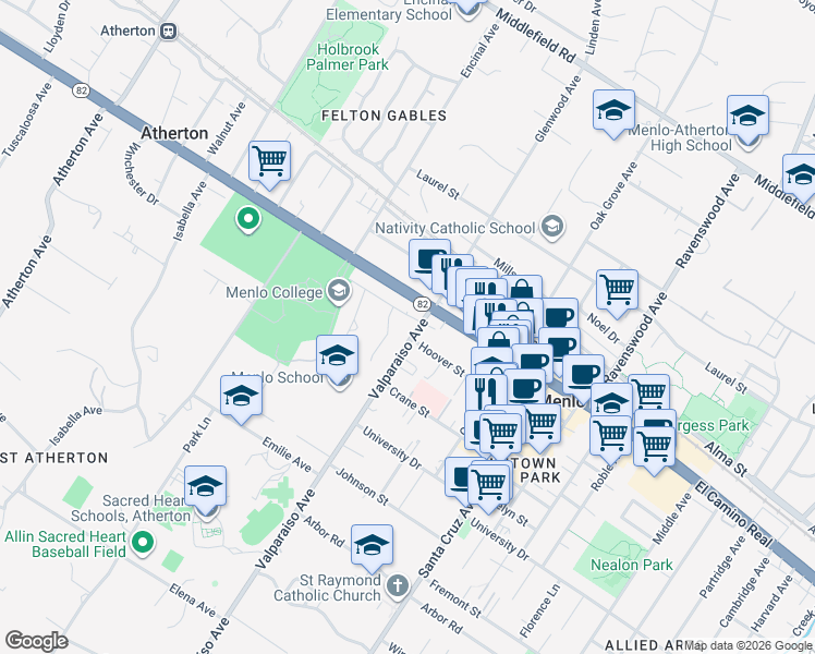 map of restaurants, bars, coffee shops, grocery stores, and more near 98 Victoria Drive in Atherton