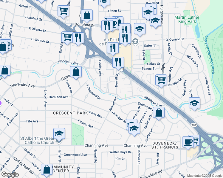 map of restaurants, bars, coffee shops, grocery stores, and more near 1735 Woodland Avenue in East Palo Alto