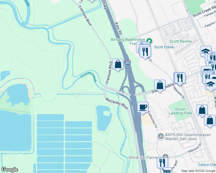 map of restaurants, bars, coffee shops, grocery stores, and more near 1047 Dixon Landing Road in Fremont