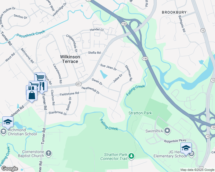map of restaurants, bars, coffee shops, grocery stores, and more near 5607 Swan Drive in Richmond