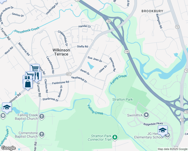 map of restaurants, bars, coffee shops, grocery stores, and more near 5600 Swan Drive in Richmond