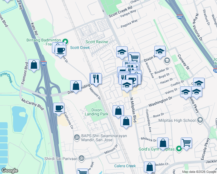 map of restaurants, bars, coffee shops, grocery stores, and more near 120 Dixon Landing Road in Milpitas