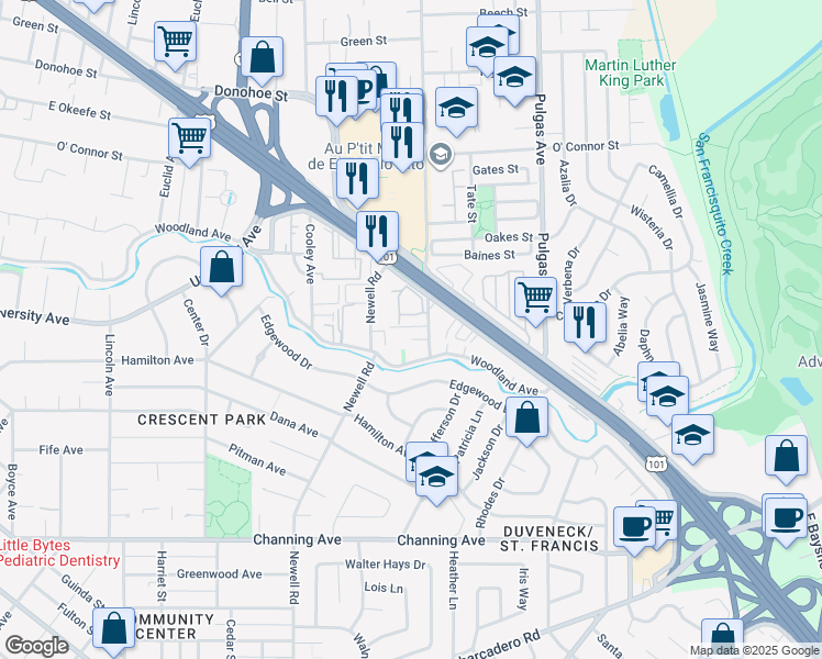 map of restaurants, bars, coffee shops, grocery stores, and more near 1826 Clarke Avenue in East Palo Alto