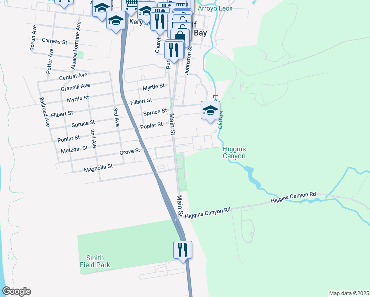 map of restaurants, bars, coffee shops, grocery stores, and more near 1001 Main Street in Half Moon Bay
