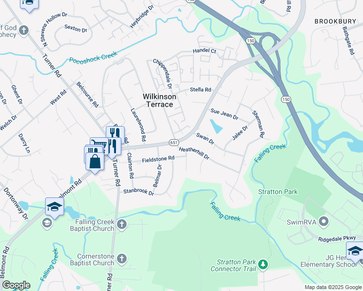 map of restaurants, bars, coffee shops, grocery stores, and more near 5648 Heatherhill Drive in Richmond