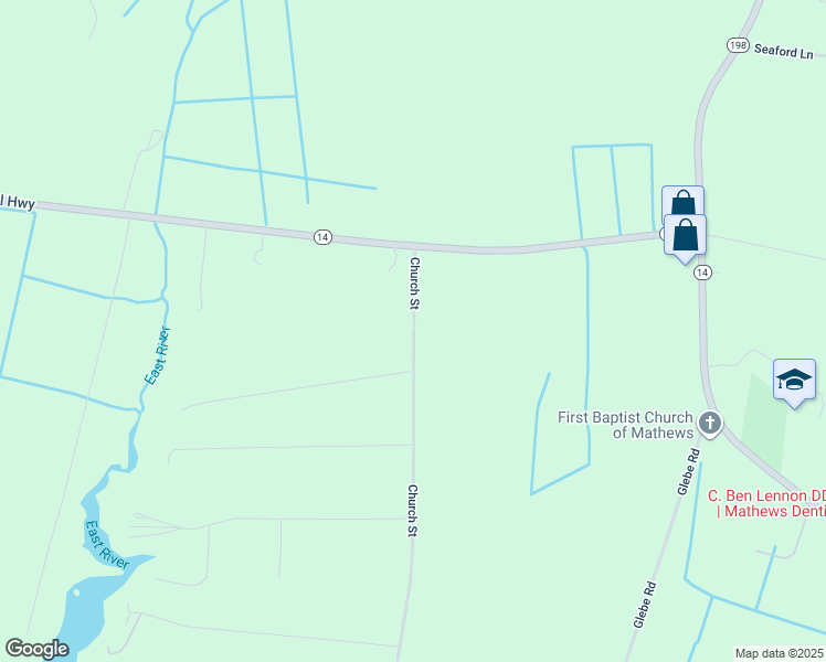 map of restaurants, bars, coffee shops, grocery stores, and more near 2163 Church Street in Mathews