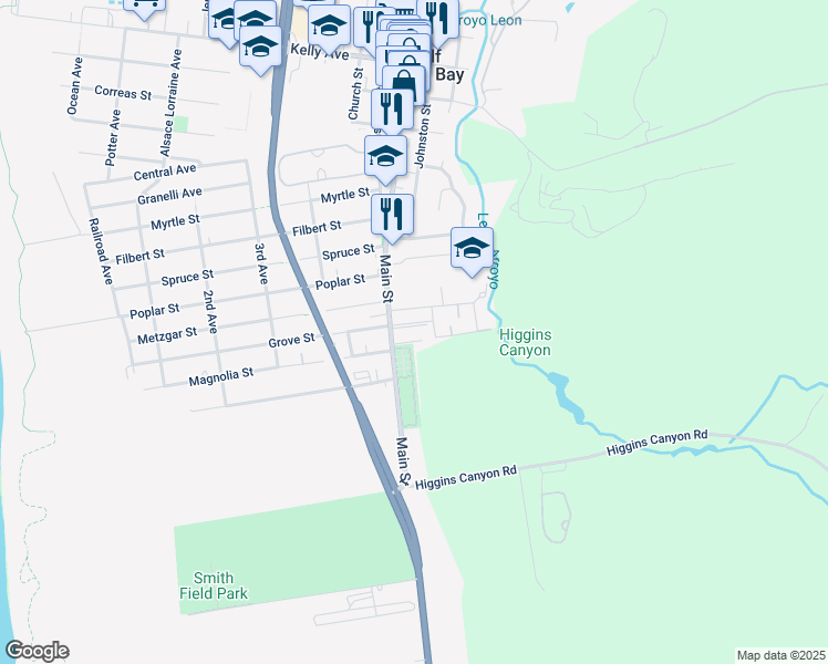 map of restaurants, bars, coffee shops, grocery stores, and more near 1001 Main Street in Half Moon Bay