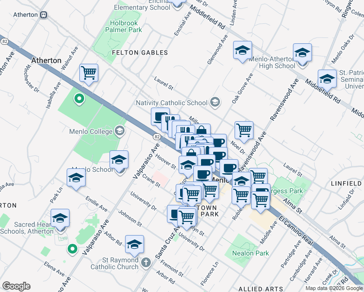 map of restaurants, bars, coffee shops, grocery stores, and more near 1302 El Camino Real in Menlo Park