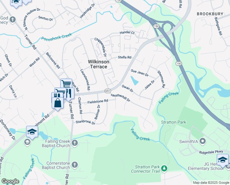 map of restaurants, bars, coffee shops, grocery stores, and more near 5648 Heatherhill Drive in Richmond