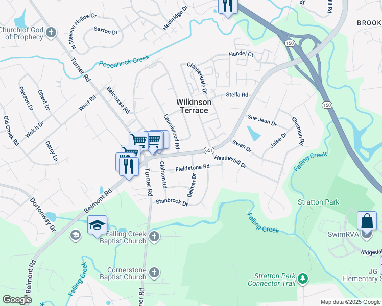 map of restaurants, bars, coffee shops, grocery stores, and more near 5900 Belmont Road in Richmond