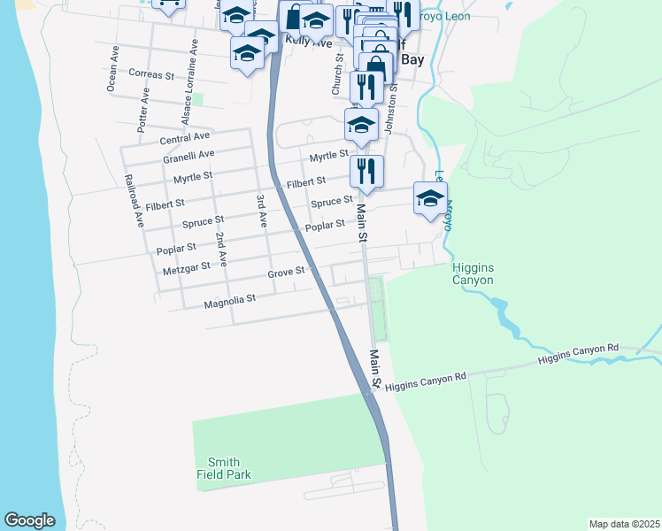 map of restaurants, bars, coffee shops, grocery stores, and more near 615 Grove Street in Half Moon Bay