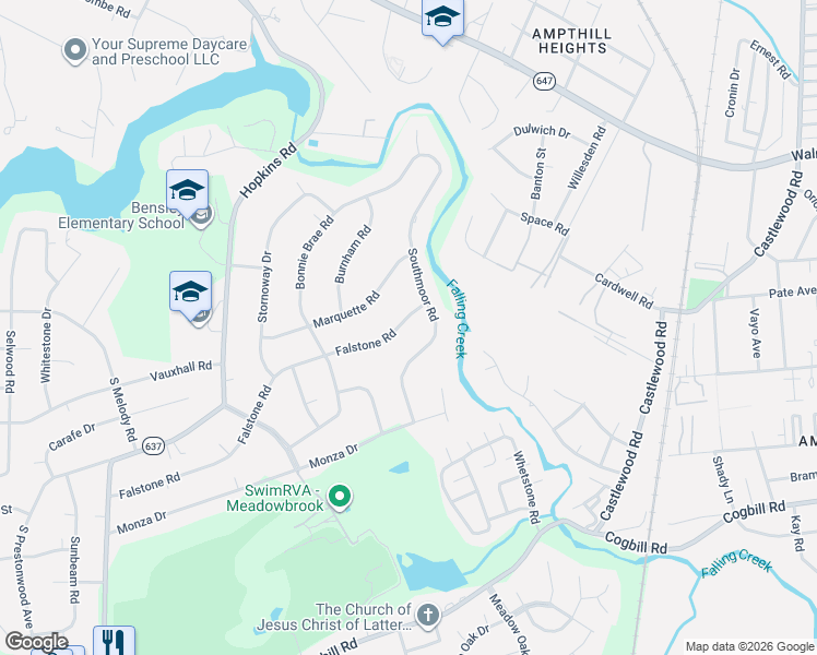 map of restaurants, bars, coffee shops, grocery stores, and more near 4940 Southmoor Road in Richmond