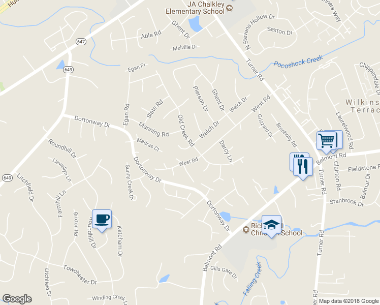 map of restaurants, bars, coffee shops, grocery stores, and more near 6903 Welch Drive in Chesterfield