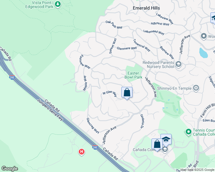 map of restaurants, bars, coffee shops, grocery stores, and more near 750 West California Way in Woodside