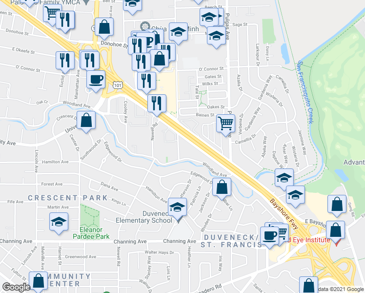 map of restaurants, bars, coffee shops, grocery stores, and more near 1826 Clarke Avenue in East Palo Alto