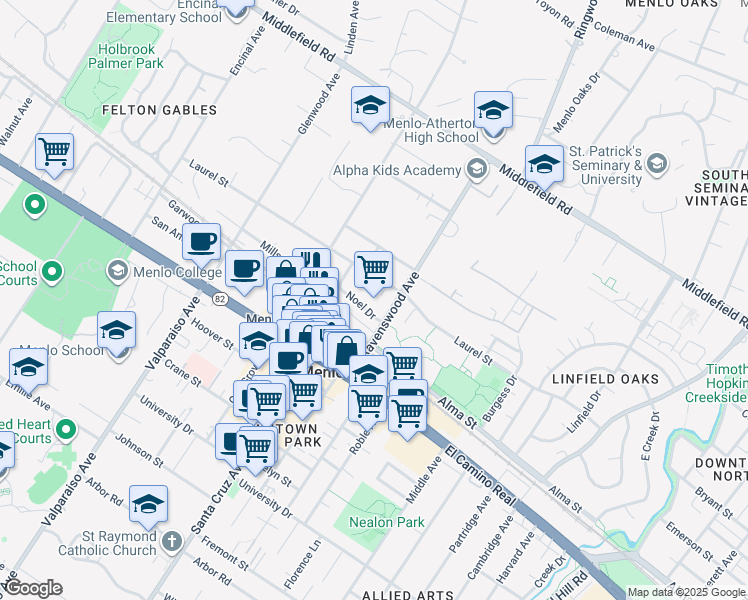 map of restaurants, bars, coffee shops, grocery stores, and more near 1031 Noel Drive in Menlo Park
