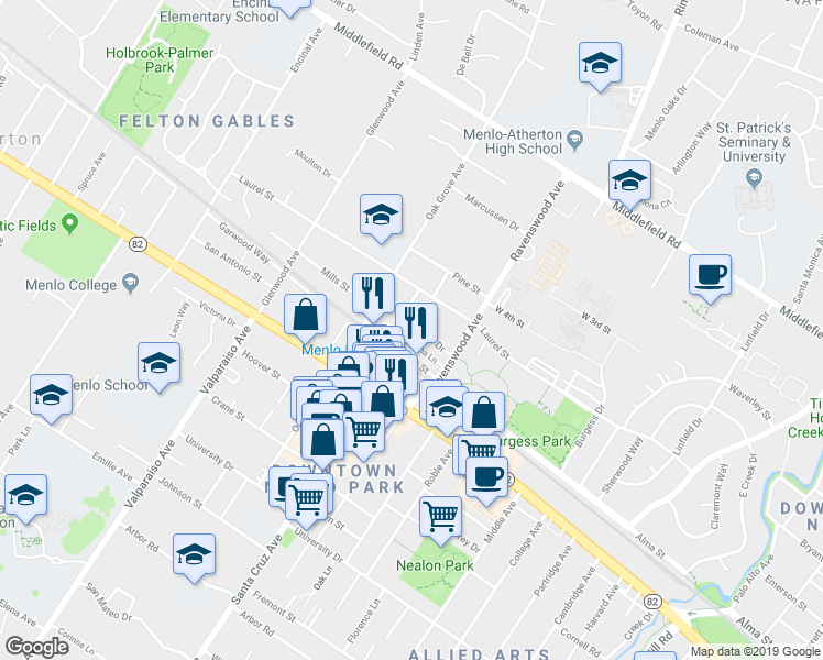 map of restaurants, bars, coffee shops, grocery stores, and more near 1031 Noel Drive in Menlo Park