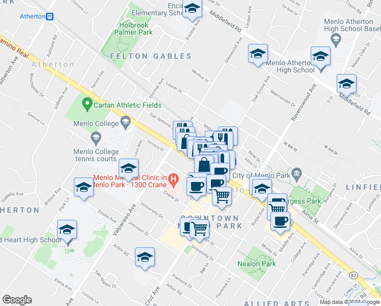 map of restaurants, bars, coffee shops, grocery stores, and more near 1300 El Camino Real in Menlo Park