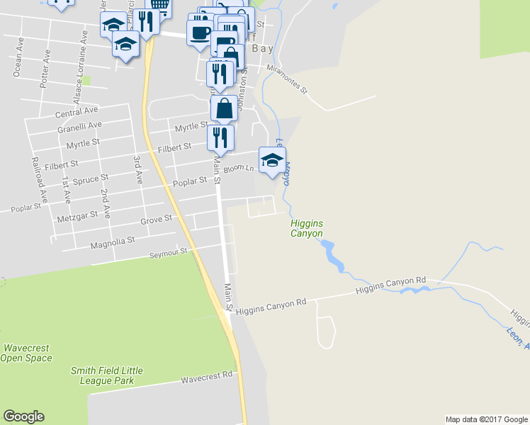 map of restaurants, bars, coffee shops, grocery stores, and more near 833 Colonel Way in Half Moon Bay
