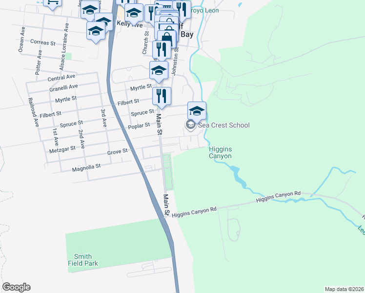 map of restaurants, bars, coffee shops, grocery stores, and more near 1031 Colonel Way in Half Moon Bay