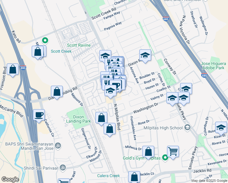 map of restaurants, bars, coffee shops, grocery stores, and more near 1740 North Milpitas Boulevard in Milpitas