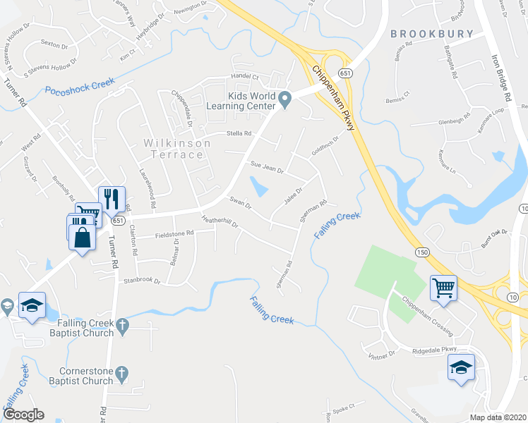 map of restaurants, bars, coffee shops, grocery stores, and more near 5608 Swan Drive in Richmond