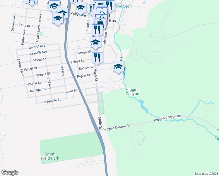 map of restaurants, bars, coffee shops, grocery stores, and more near 1031 Colonel Way in Half Moon Bay