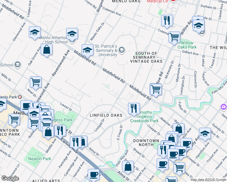 map of restaurants, bars, coffee shops, grocery stores, and more near 156 Morandi Lane in Menlo Park