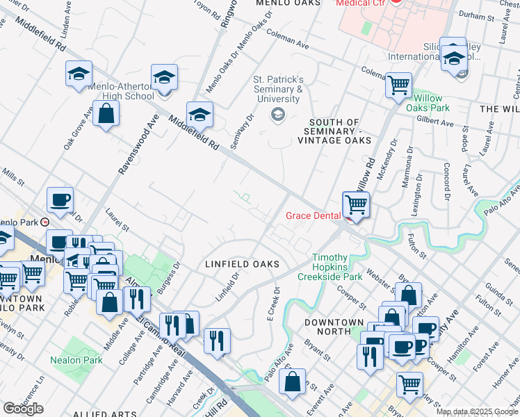 map of restaurants, bars, coffee shops, grocery stores, and more near 156 Morandi Lane in Menlo Park