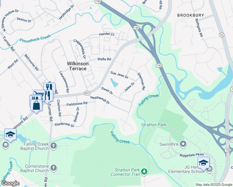map of restaurants, bars, coffee shops, grocery stores, and more near 5608 Swan Drive in Richmond