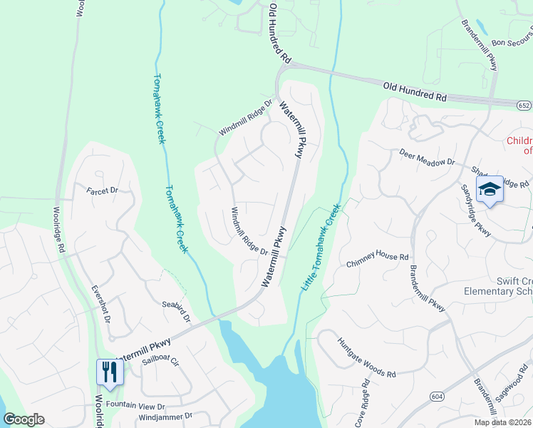 map of restaurants, bars, coffee shops, grocery stores, and more near 2619 Water Race Terrace in Midlothian