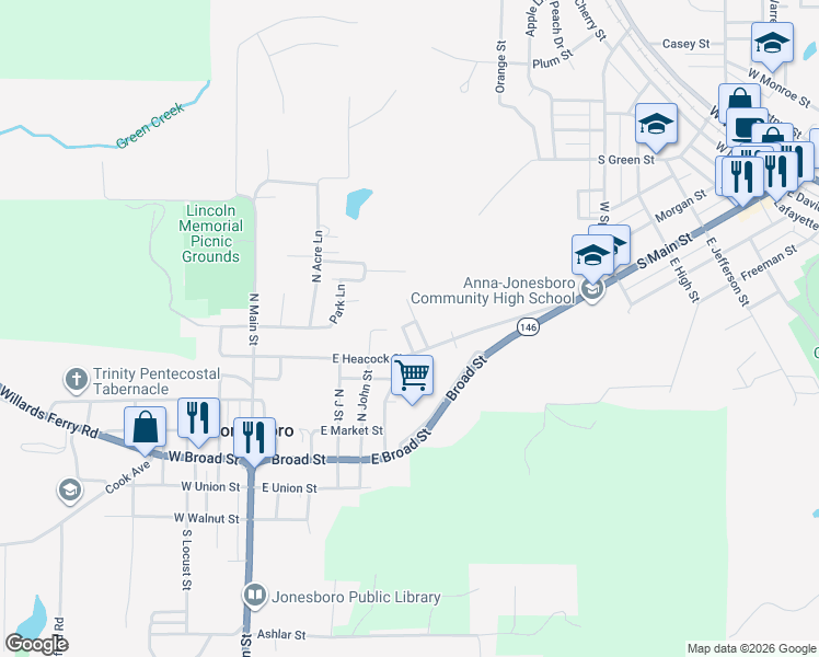 map of restaurants, bars, coffee shops, grocery stores, and more near 100-116 Brown St in Jonesboro