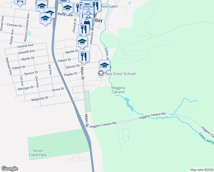 map of restaurants, bars, coffee shops, grocery stores, and more near 1045 South Arnold Way in Half Moon Bay