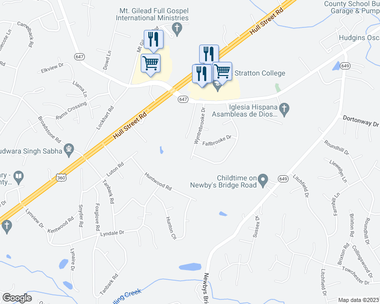 map of restaurants, bars, coffee shops, grocery stores, and more near 3418 Wyntrebrooke Drive in Richmond