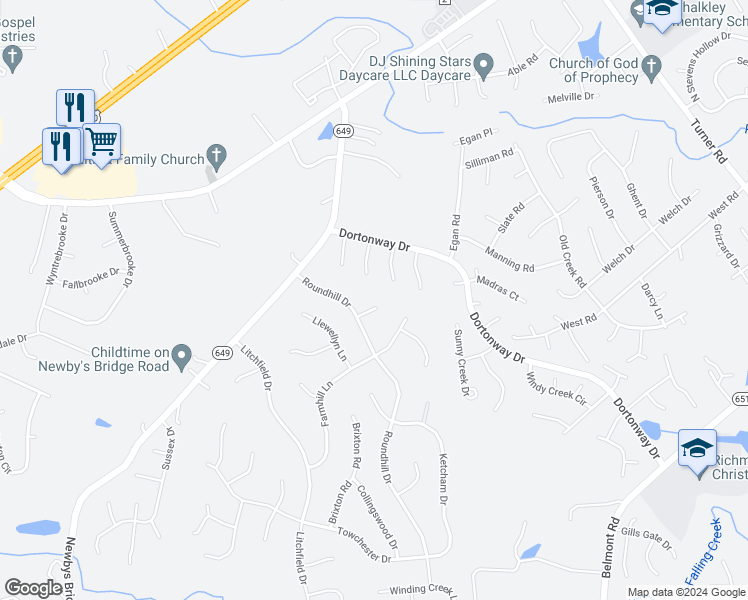 map of restaurants, bars, coffee shops, grocery stores, and more near 7402 Sunswyck Court in Chesterfield