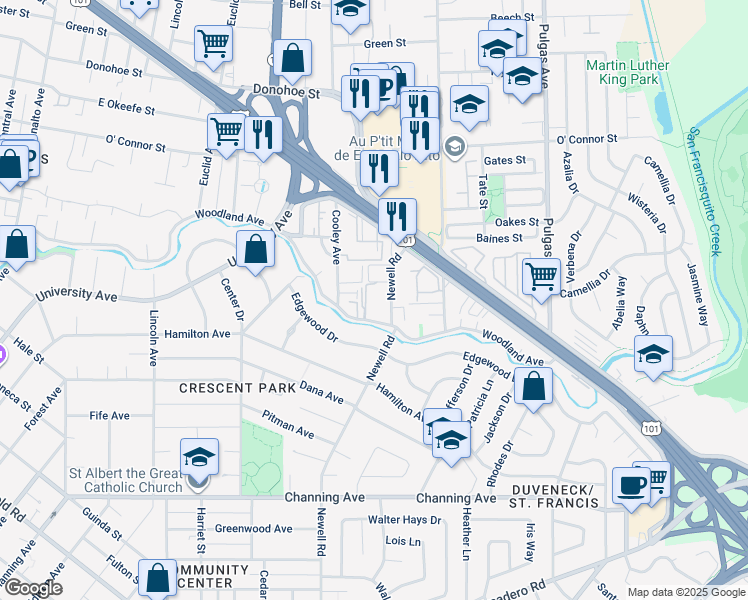 map of restaurants, bars, coffee shops, grocery stores, and more near 1735 Woodland Avenue in East Palo Alto