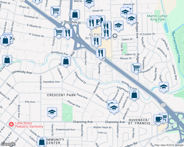 map of restaurants, bars, coffee shops, grocery stores, and more near 1735 Woodland Avenue in East Palo Alto