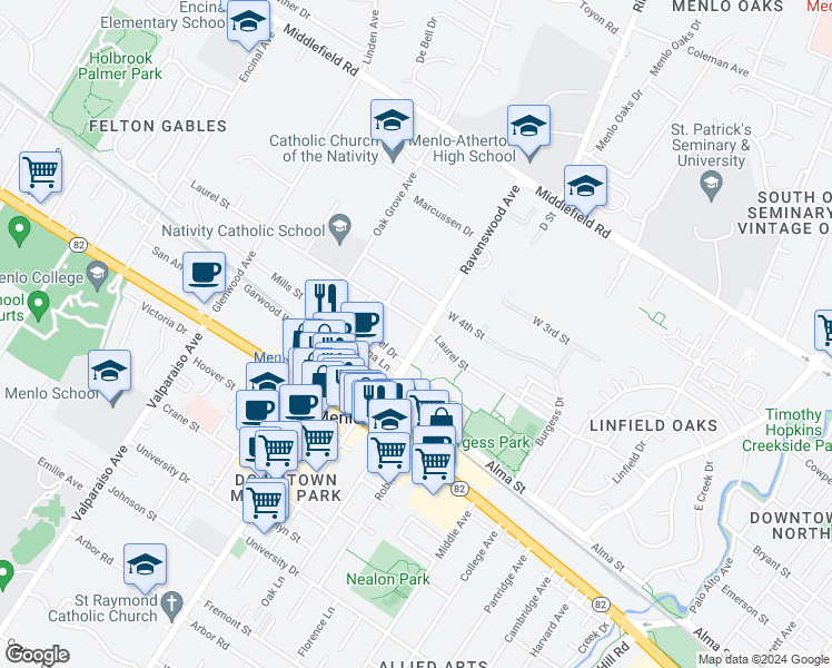 map of restaurants, bars, coffee shops, grocery stores, and more near in Menlo Park