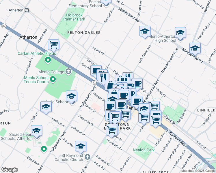 map of restaurants, bars, coffee shops, grocery stores, and more near 1275 California 82 in Menlo Park